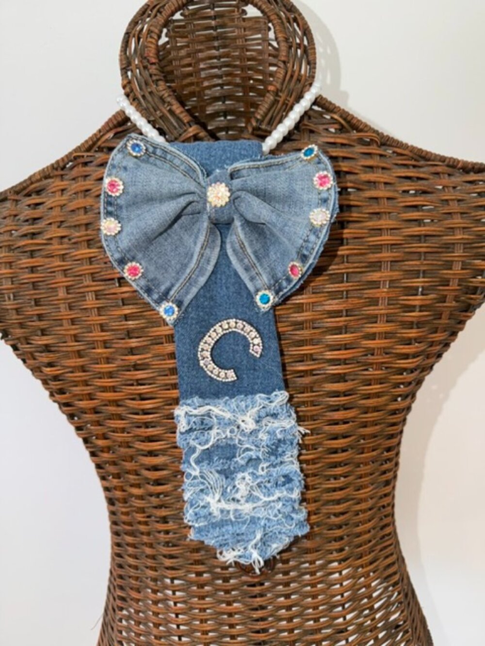 Denim Necktie Necklace with Fringed Bottom and Sequined Bowtie